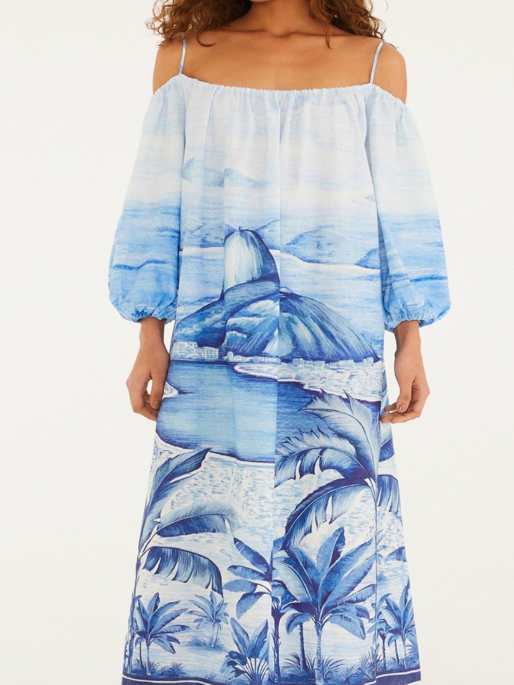 Farm Rio Blue Tropical Off-Shoulder Maxi Dress